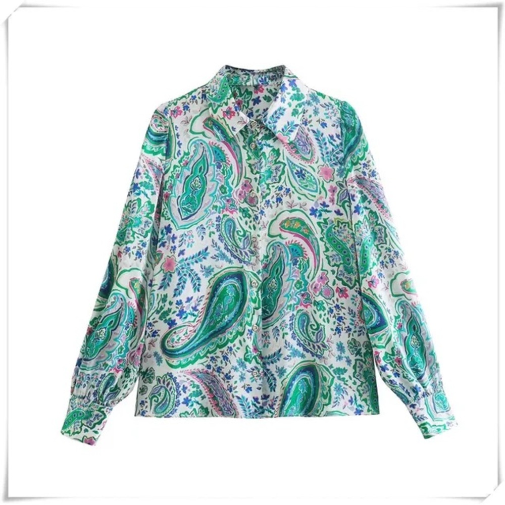 Zara Summer Print Button Silk Blouse XS
